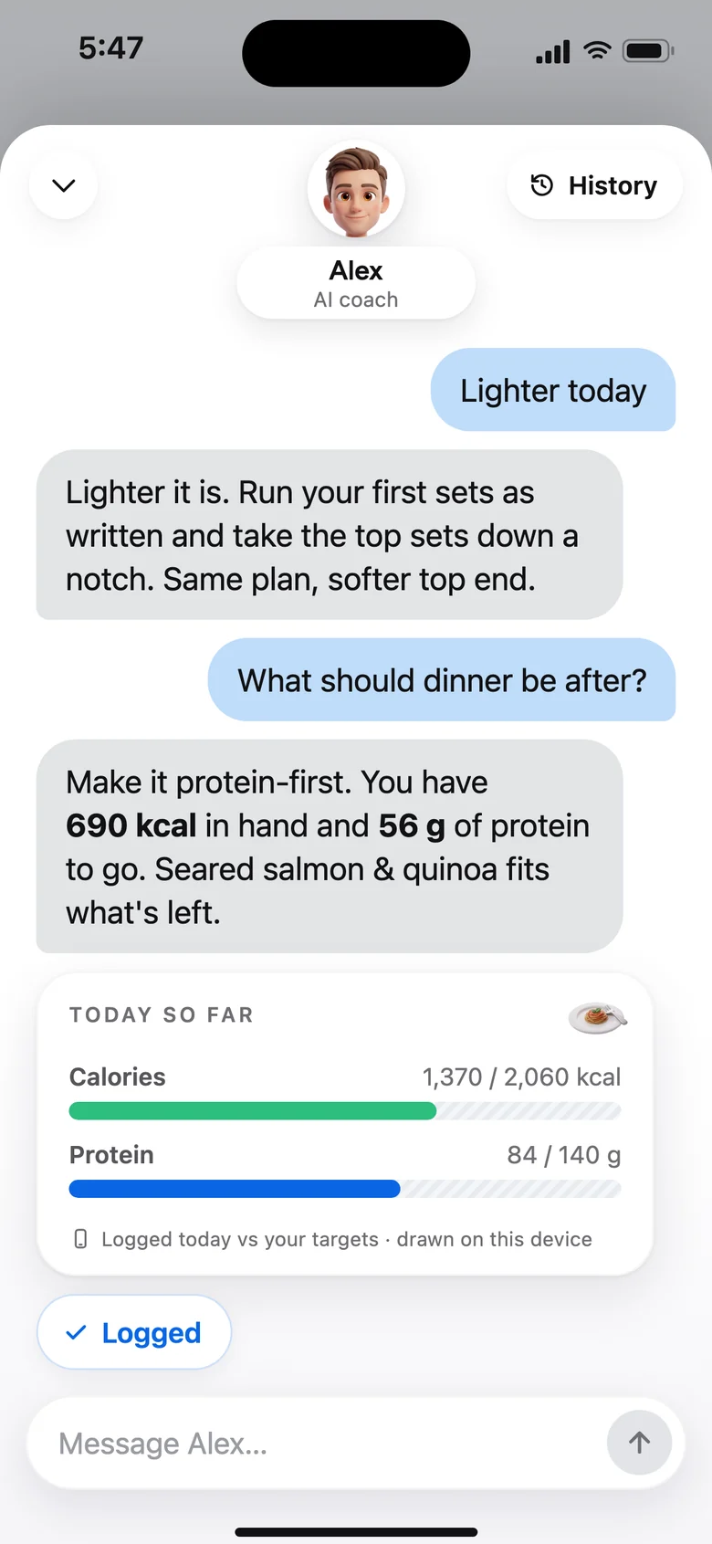 A chat with the AI coach about dinner after training. The reply gives the calories and protein left today, two bars draw today so far, and one tap logs the meal