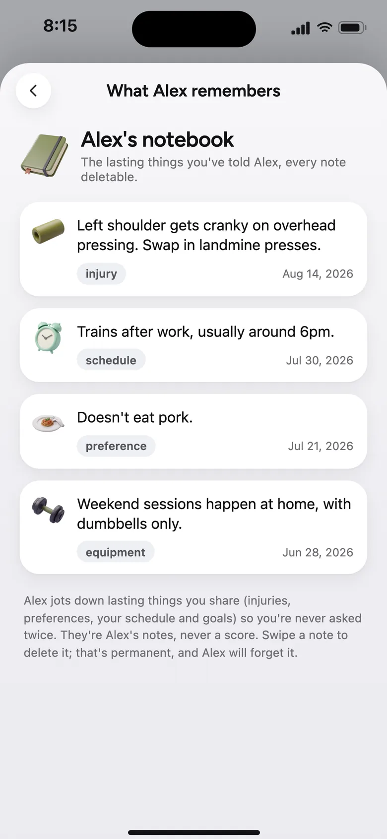 The notes the AI coach keeps, each one deletable