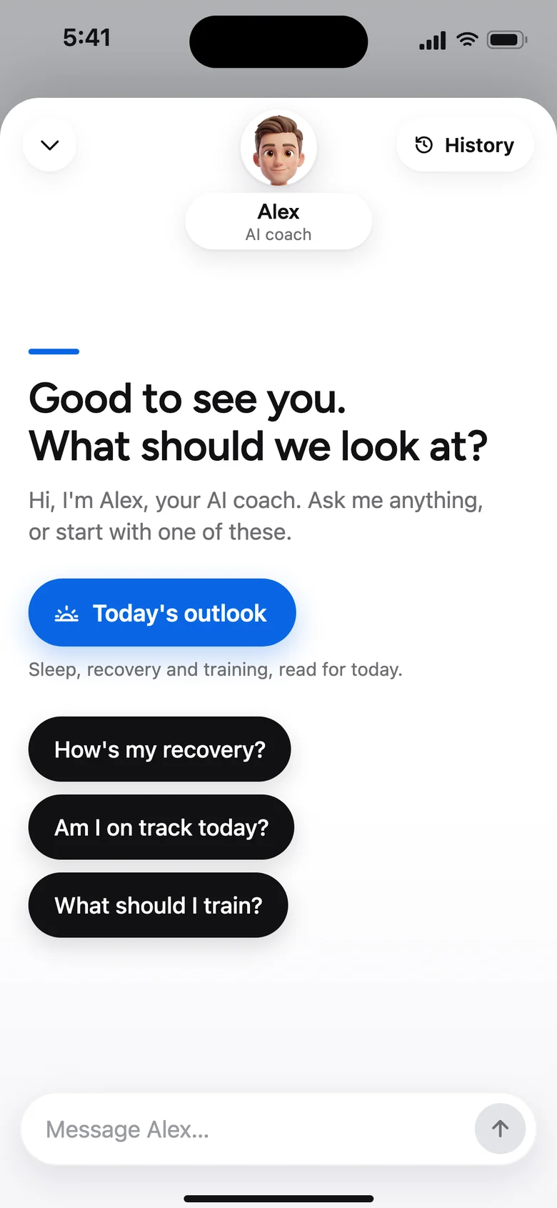The AI coach's first screen, with prompts to start from