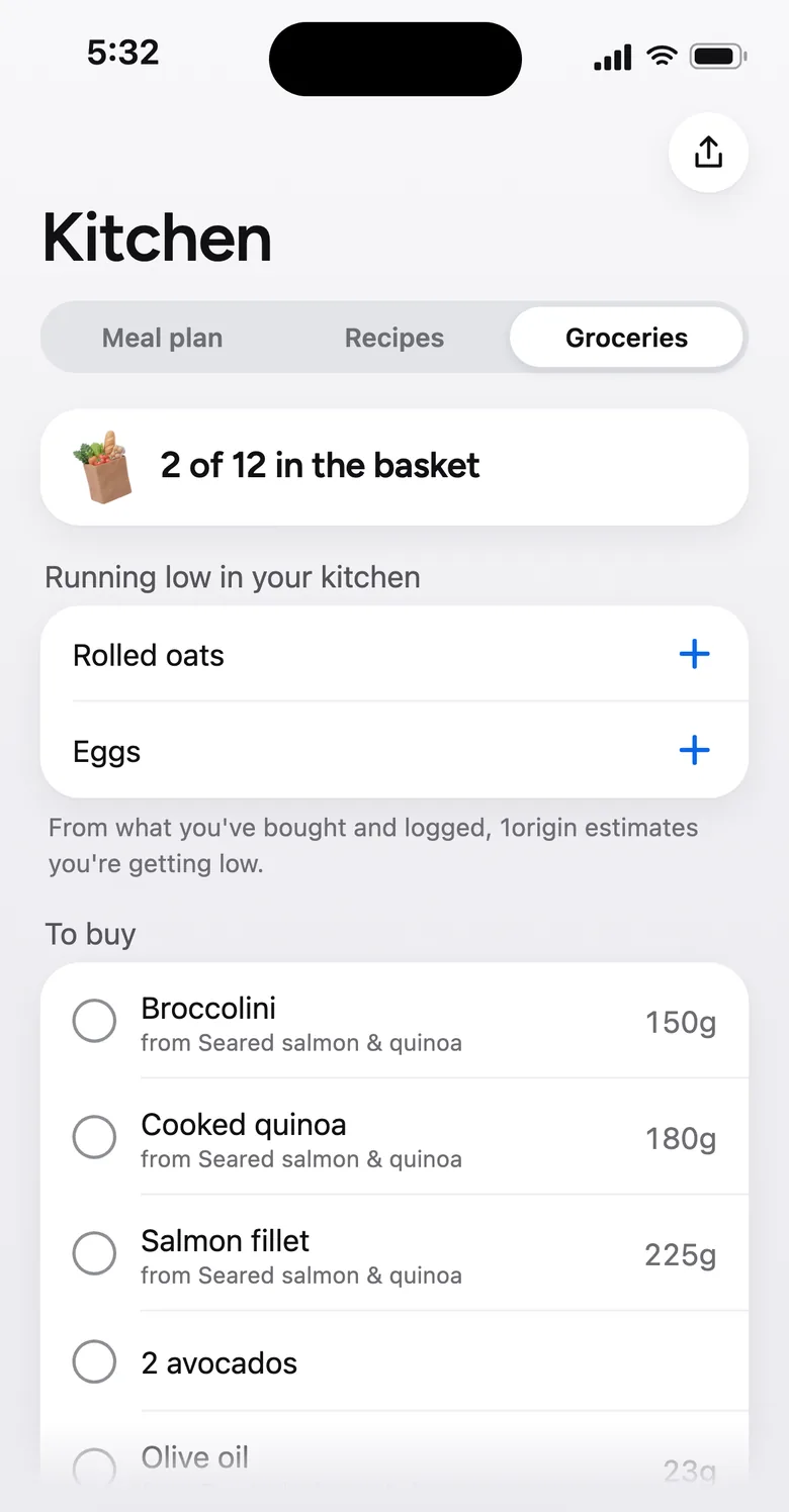 Grocery list built from the meal plan, with items running low in the kitchen