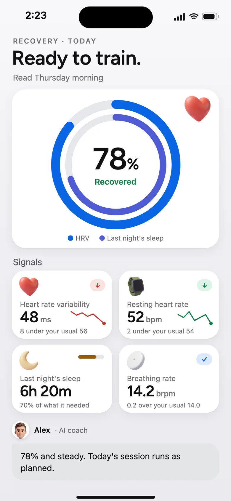 Recovery screen reading 78 percent recovered, ready to train