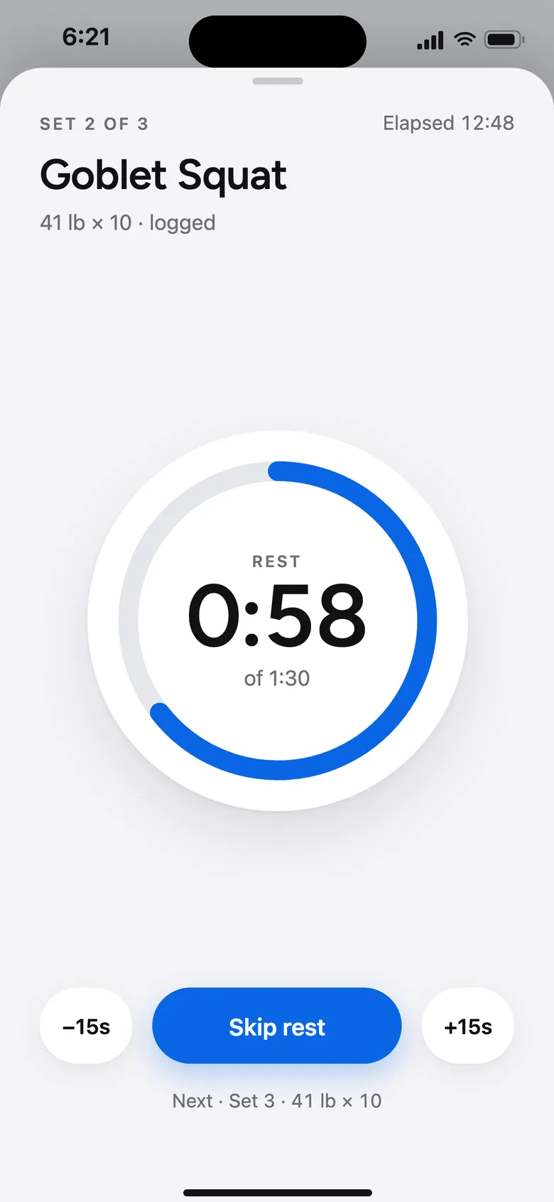 Rest timer between sets of goblet squats
